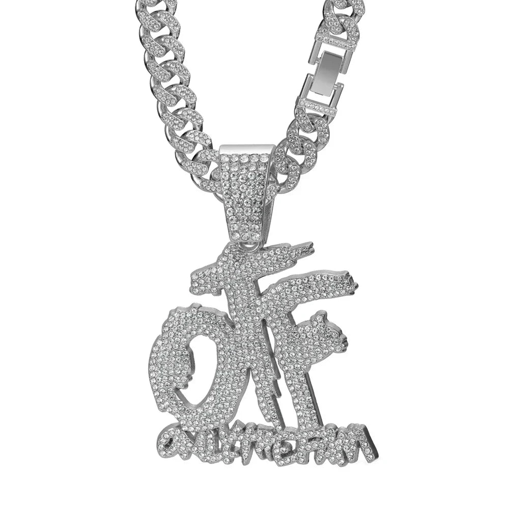 Silver diamond-encrusted off the grid pendant on matching chain hip hop fashion otf pendant cuban for women rock party