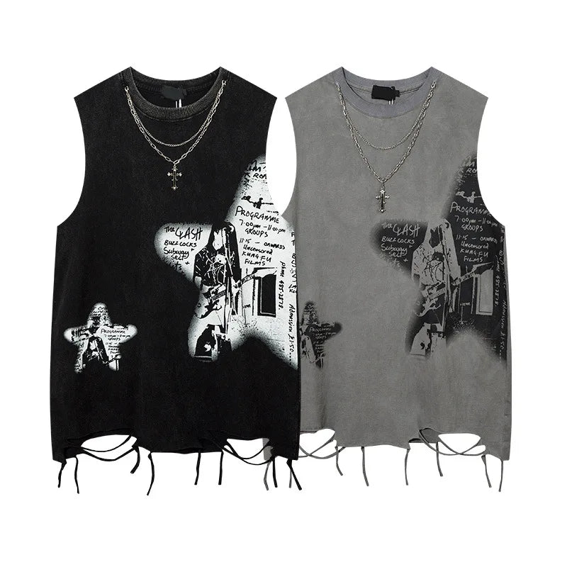 Black and gray distressed sleeveless tank tops with graffiti printed necklace and ripped hole harajuku dancing tops streetwear style