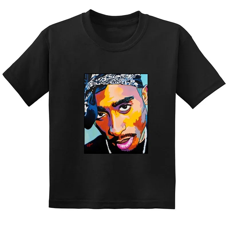 Black short-sleeved t-shirt featuring vibrant stylized portrait of tupac for hip hop festival thug life clothes