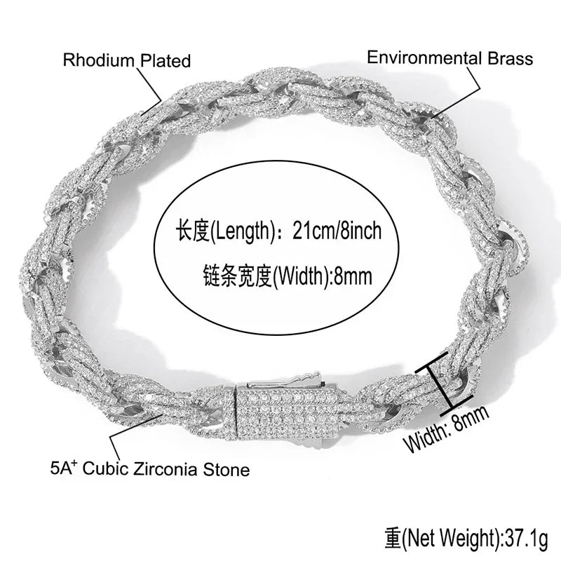 Silver rhodium-plated chain bracelet with braided design and 5a+ cubic zirconia stones for men rapper jewelry stone paved bling