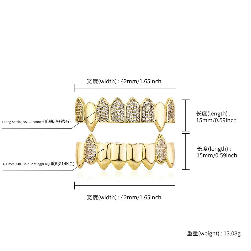 Gold-plated stone teeth grillz caps with sparkling cubic zirconia in sharp pointed design for women punk jewelry