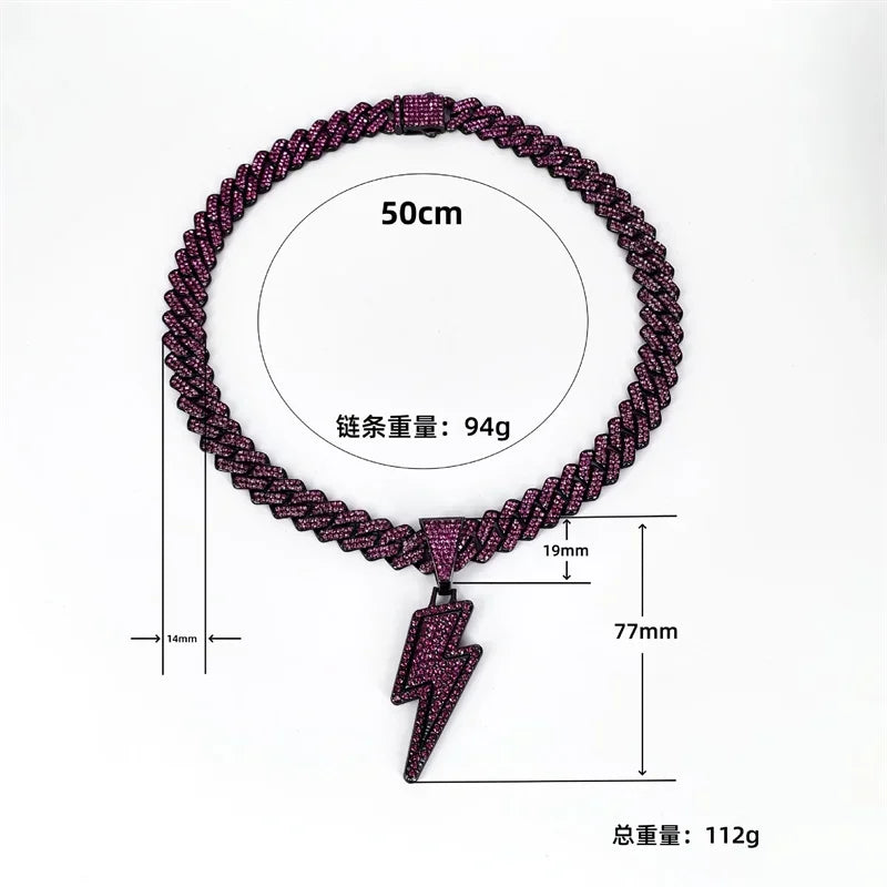 A sparkling burgundy purple cz zircon lightning pendant necklace with icy crystal finish on a 20inch miami cuban chain