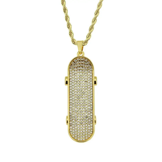 Gold-tone skateboard pendant necklace with rhinestones paved bling for men rapper jewelry in gold color