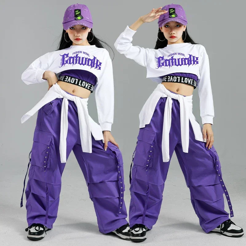 Purple cargo pants with white drawstring ties and silver buttons designed for children street dance and kids streetwear group outfits