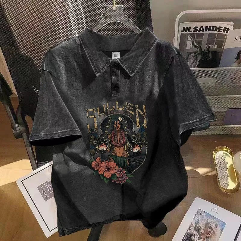 Black distressed denim men vintage polo shirt with hip hop graphics print tee tops summer streetwear design