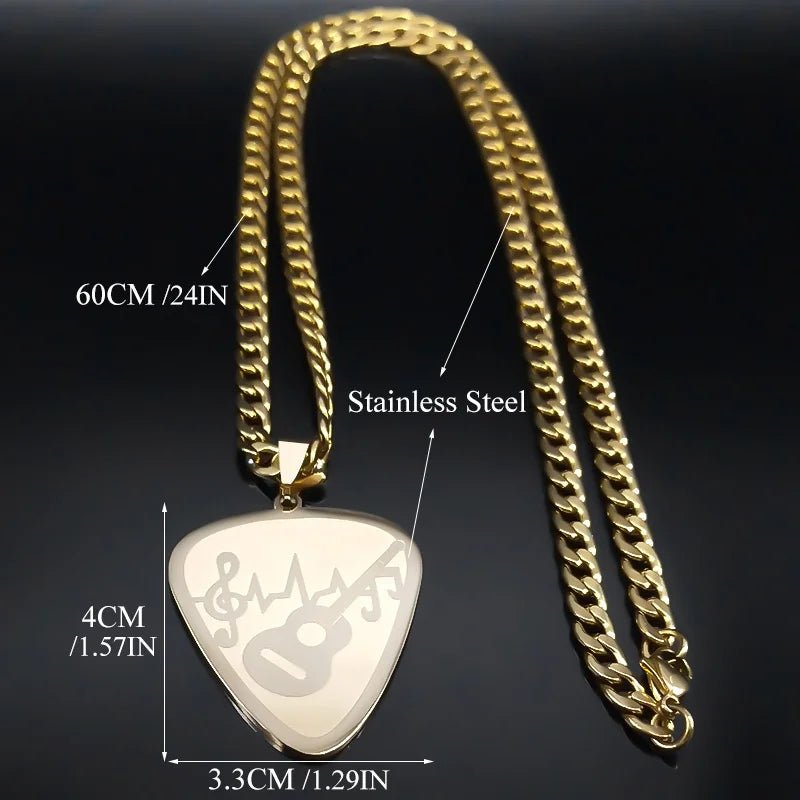 Gold-toned stainless steel gold plated hip hop guitar pick pendant necklace with engraved musical notes and guitar silhouette