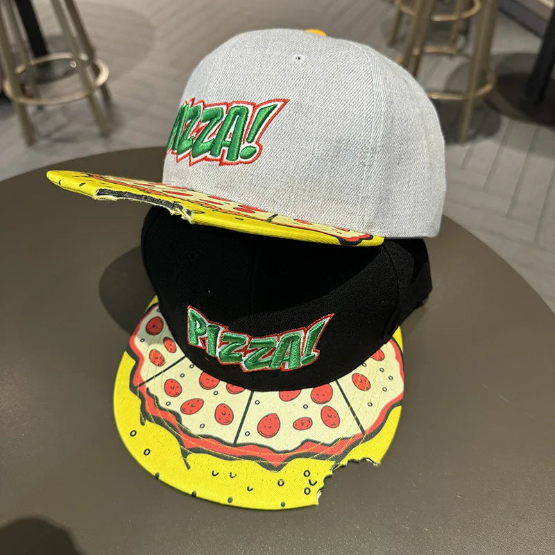 Gray and black snapback hip-hop hat with pizza design yellow visor for women celebrity baseball autumn big head use