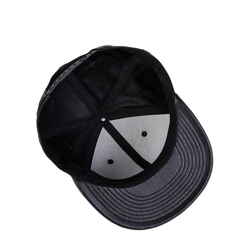 Black snapback hip hop hat with versatile black leather flat brimmed design and gray mesh back panel