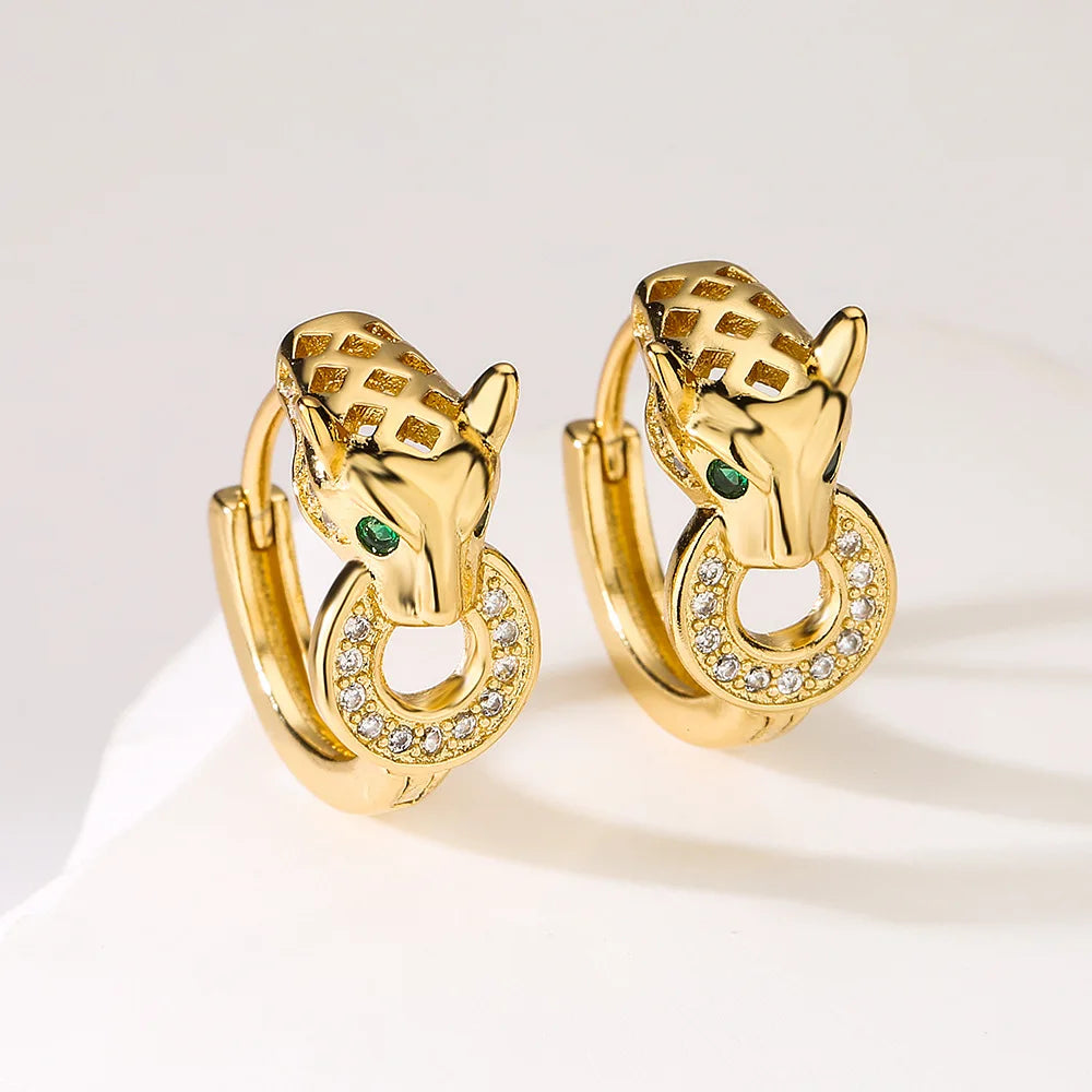 Gold-colored quality leopard hoop earrings for women girls stainless steel with aaa cz stone accents