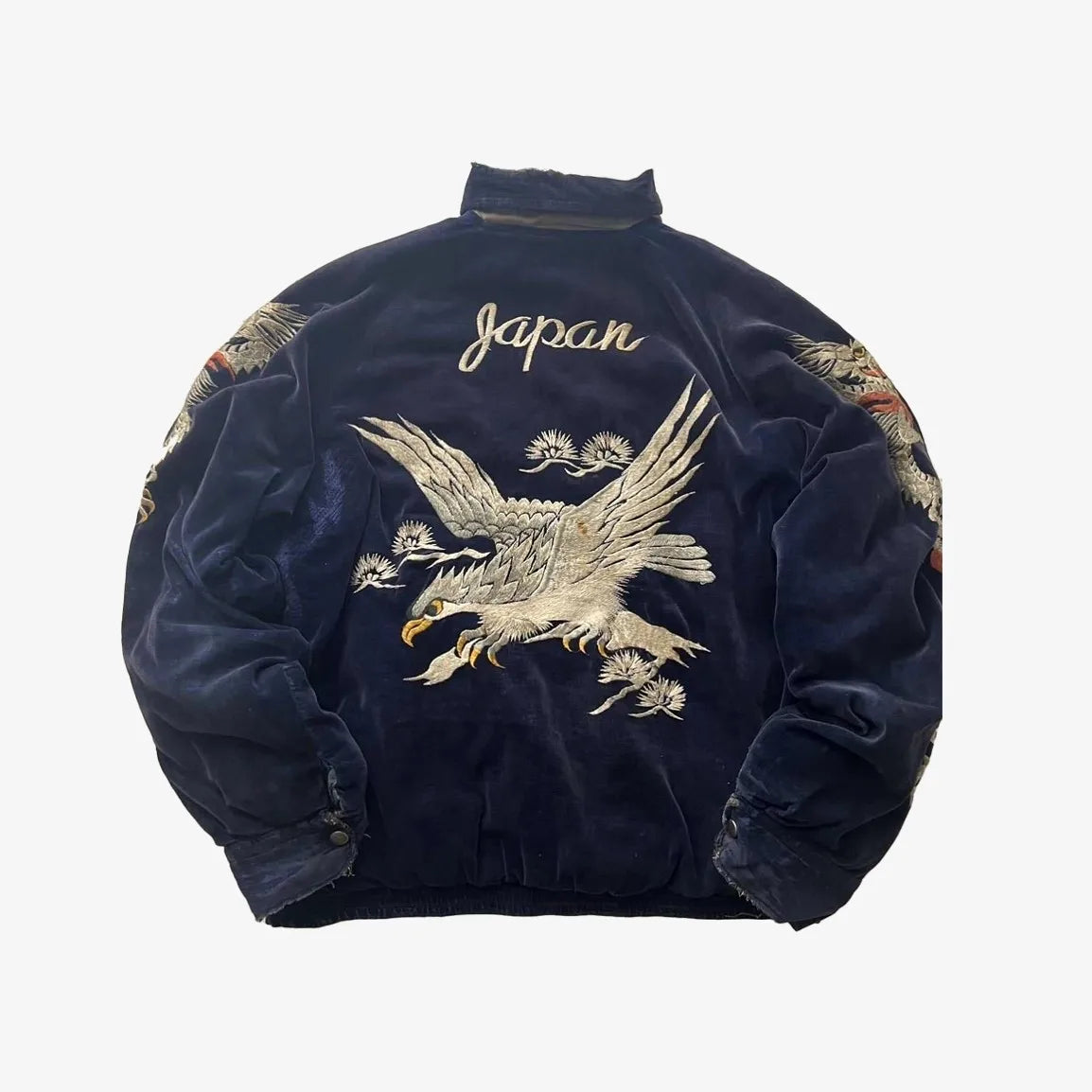 Dark blue velvet hip hop japan harajuku bomber jacket with intricate gold embroidery y2k zipper fleece lining