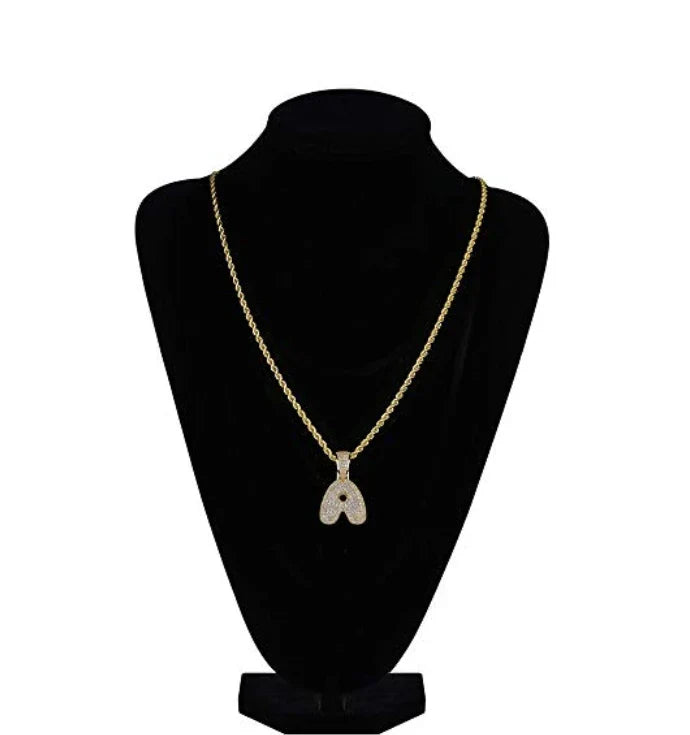 Gold-colored bubble chain necklace with iced out diamond-encrusted initial letter a pendant hip hop jewelry
