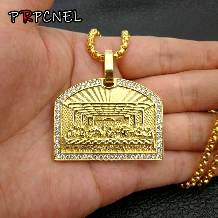 Gold-colored hip hop last dinner pendant necklace with detailed engraving and clear zircon border in 316l stainless steel