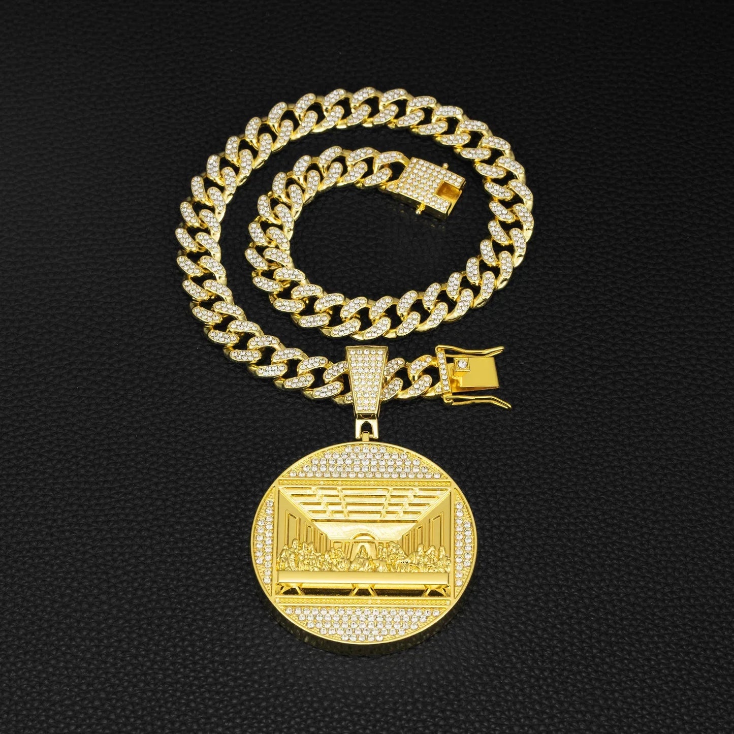 Gold-colored hip hop last supper round pendant necklace with clear crystals on 13mm cuban chain rap jewelry