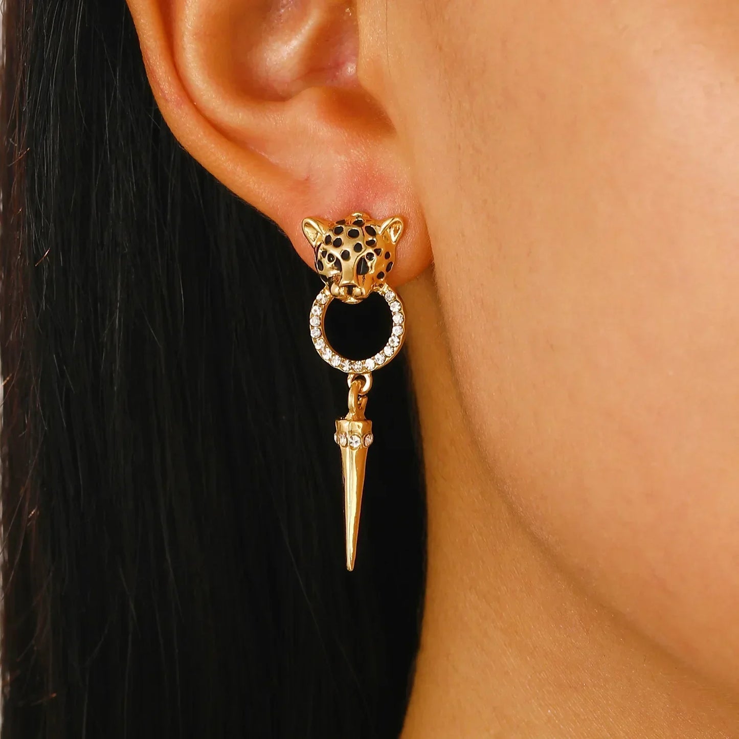 Gold-toned hip hop leopard head hoop earring with black spots crystal circle cone pendant for women punk statement jewelry