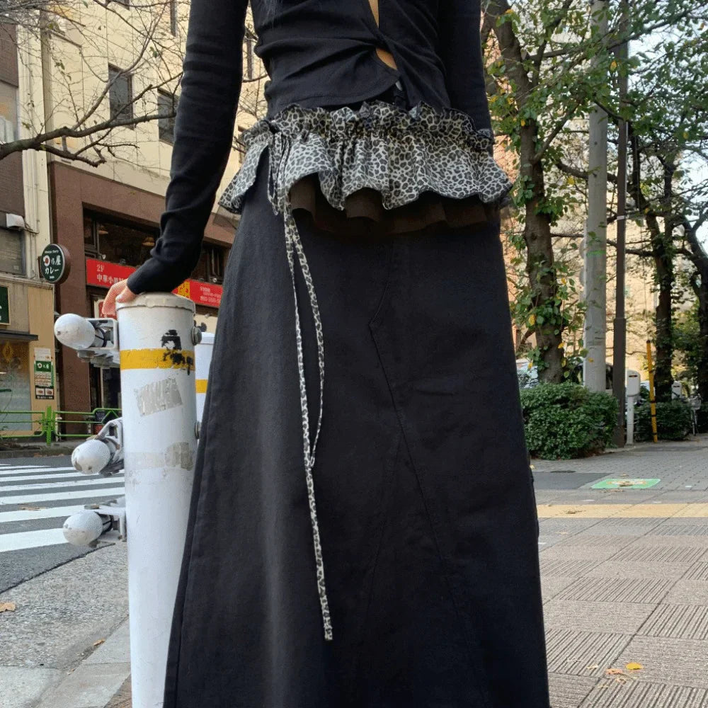 Black skirt with leopard print hip sweet mesh ruffled edge waistband and matching tie detail in y2k style