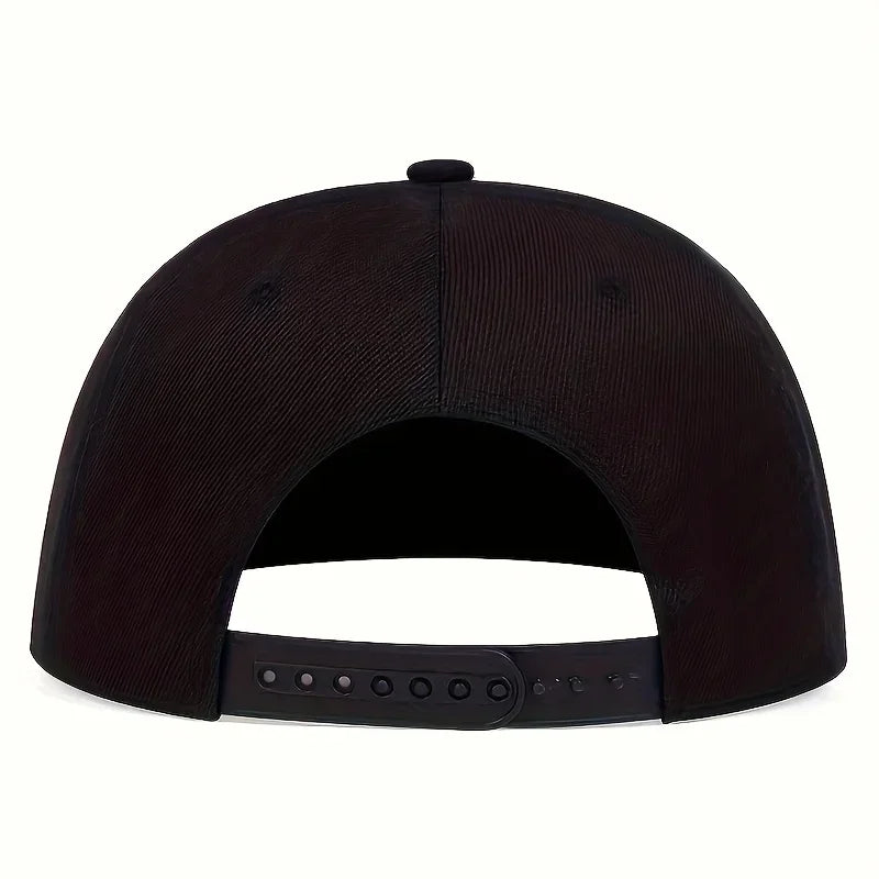 Black hip hop men cap with structured crown, adjustable cotton snapback strap, personalized embroidered design