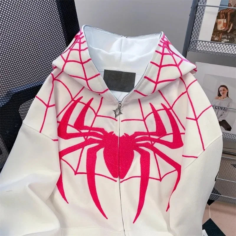 White zip-up hoodie with bold red spiderweb and spiderman graphic and pink hood trim hip hop y2k style sweatshirt