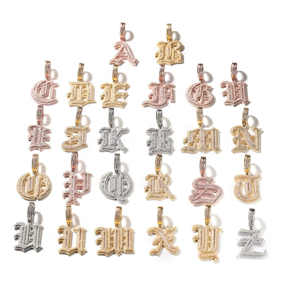 Iced-out single cz letter pendants in gold rose gold and silver with cubic zirconia bling for men rapper jewelry