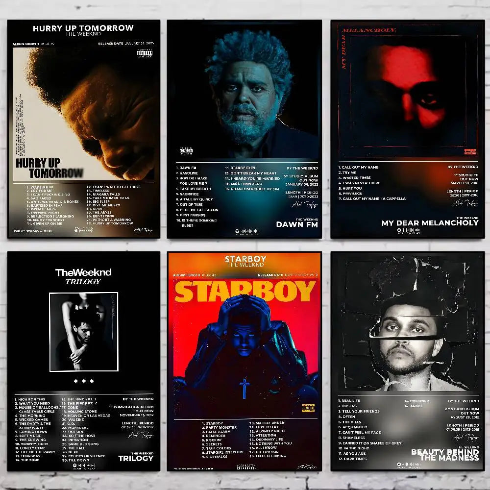 Six black and white and color hip hop music hot poster gallery prints of the weeknd with adhesive home decor use