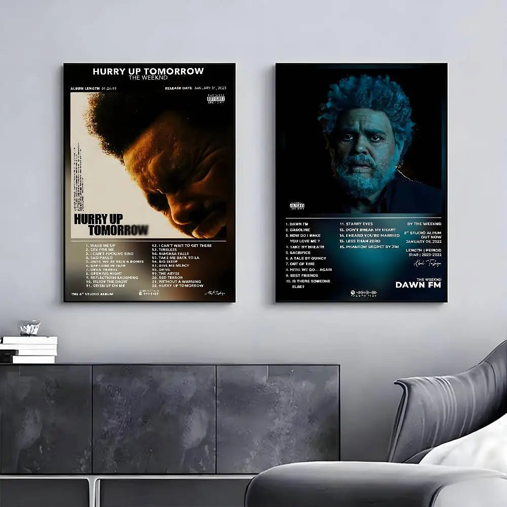 Two framed poster gallery prints of the weeknd album art as adhesive home decor and decoration wall decals above a dark cabinet
