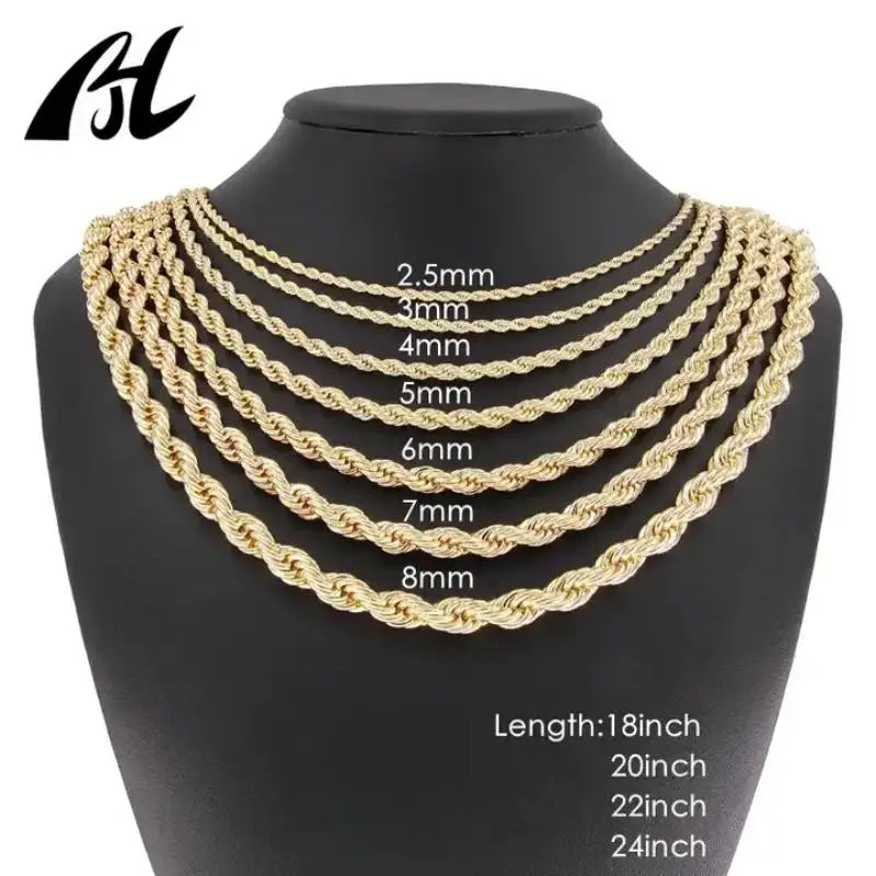 Gold-colored 18k gold plated twist rope link necklaces in 2.5mm to 8mm pvd widths displayed on black bust