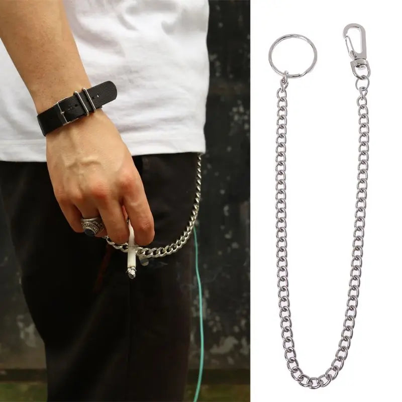 Silver-toned metal heavy duty jeans chain with key ring and carabiner clip for pants chain secure travel wallet chain
