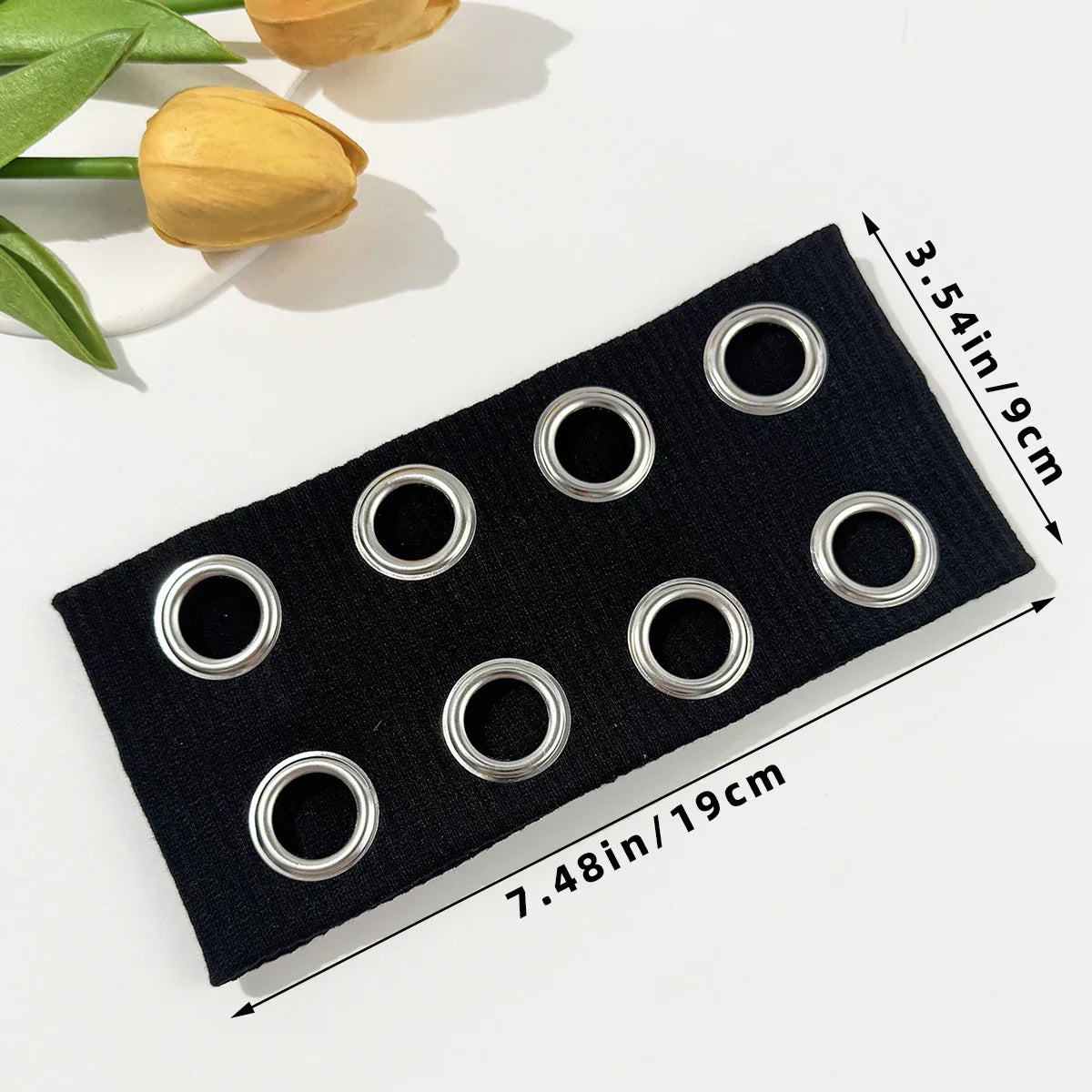 Black fabric wide edge headband with seven silver metal eyelets in two rows retro elastic band for men and women