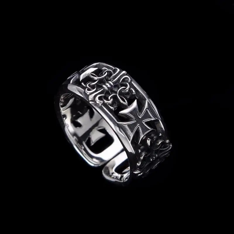 Silver adjustable band hip hop punk ring featuring intricate cross and floral filigree gothic statement design
