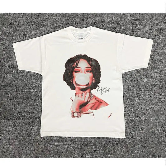 White breathable printed cotton t-shirt with hip-hop rap street-style graphic of woman blowing bubble in red and black ink