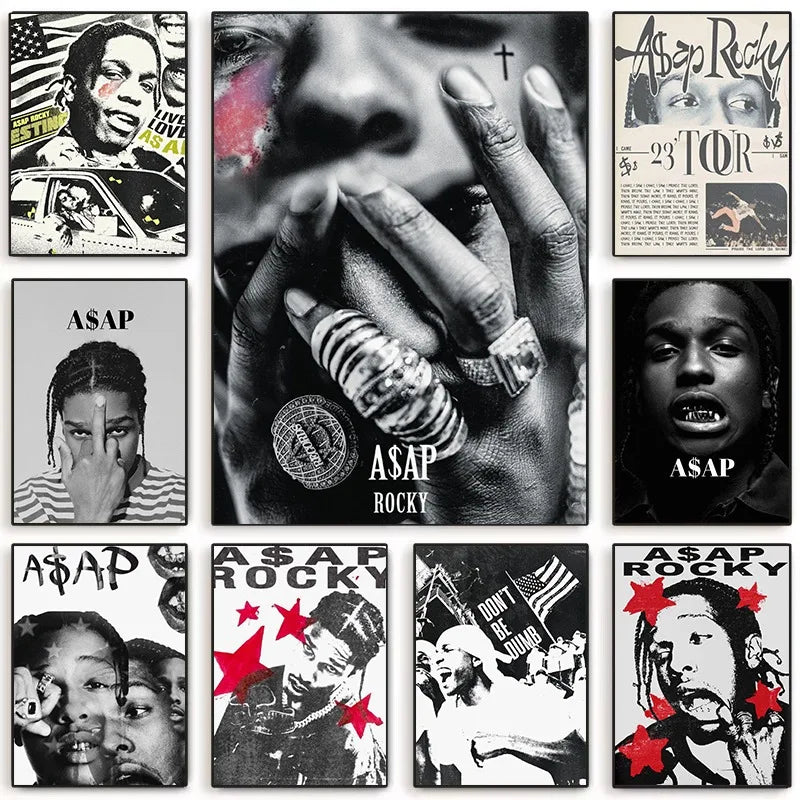 Set of eight black and white hip hop rapper asap rocky poster prints with red accents dumb aesthetic canvas wall art