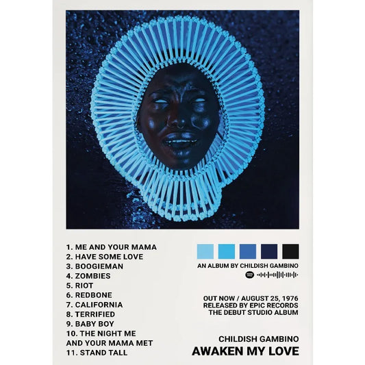 A striking blue and black painting wall picture of rapper childish gambino with a radiant halo on canvas decor