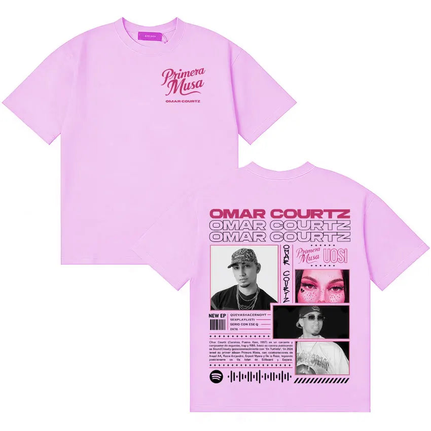 Light pink short-sleeved y2k crewneck t-shirt featuring rapper omar courtz graphic print for musa ousi y2k fans