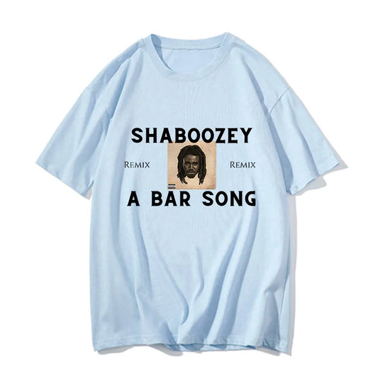 Light blue cotton hip hop remix t-shirt with shaboozey a bar song graphic print and black text short sleeve tee