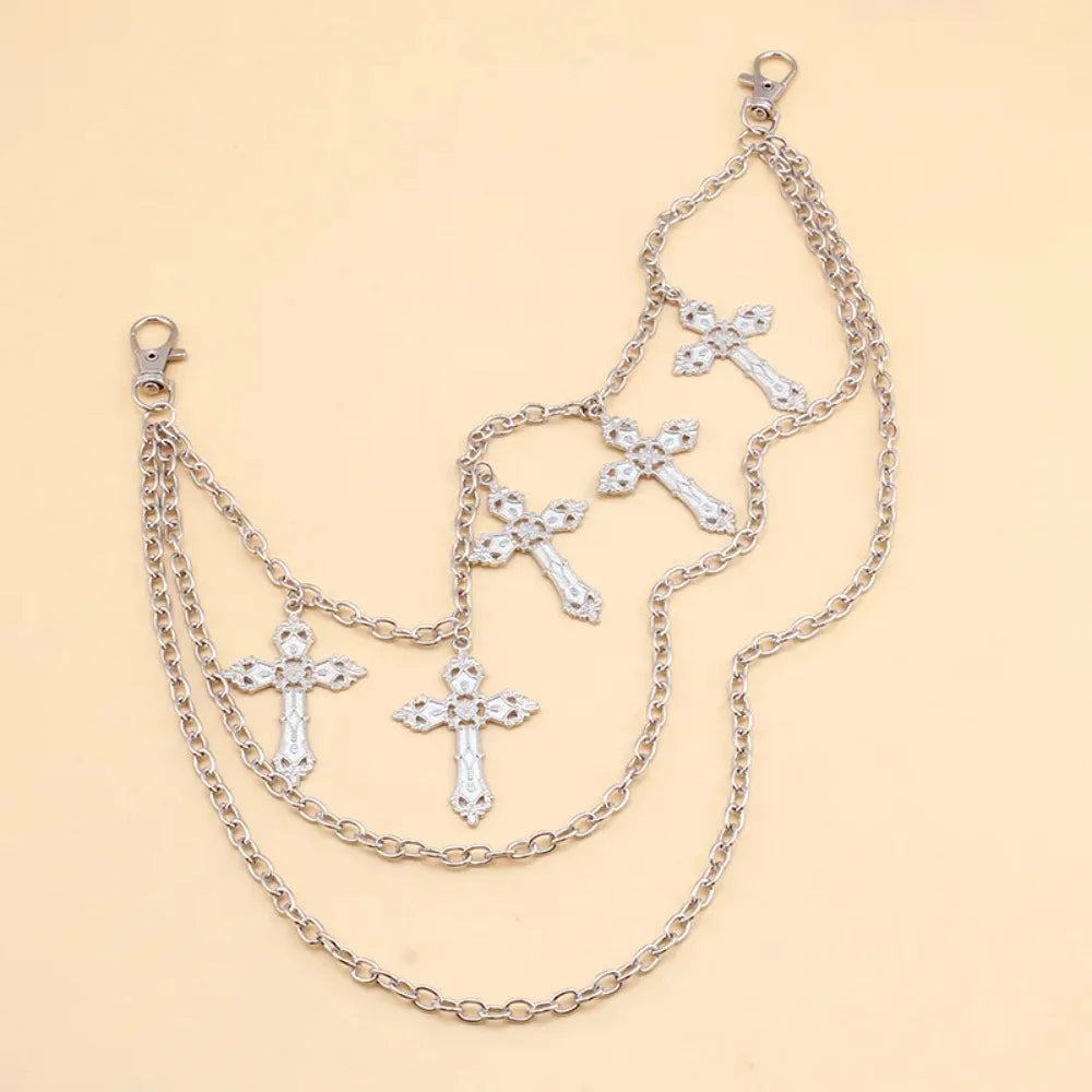 Silver metal body chain with five ornate cross pendants hip hop rock cross waist chain for men and women
