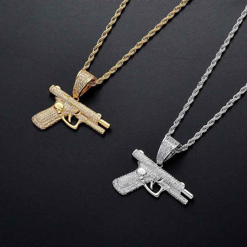 Gold and silver diamond-encrusted rhinestone inlaid gun pendant necklace rapper with skull details hip hop rock rhinestone jewelry