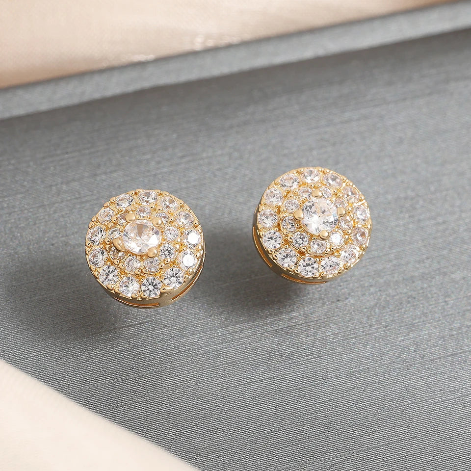 Gold-toned hip hop rock round copper zirconia stud earrings silver gold color with concentric circle crystal design