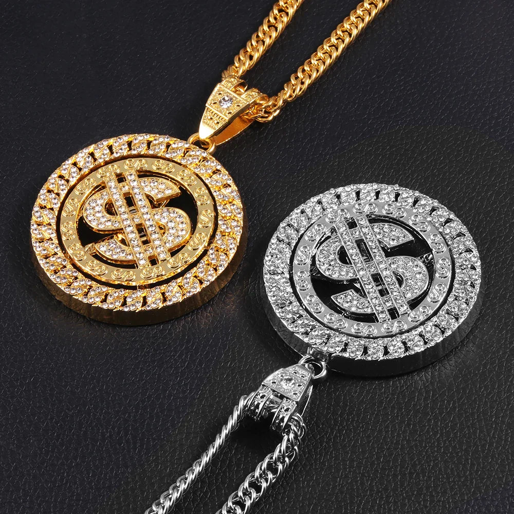 Gold and silver diamond-encrusted dollar pendant necklace with matching chains sign rock pendant bling rapper jewelry