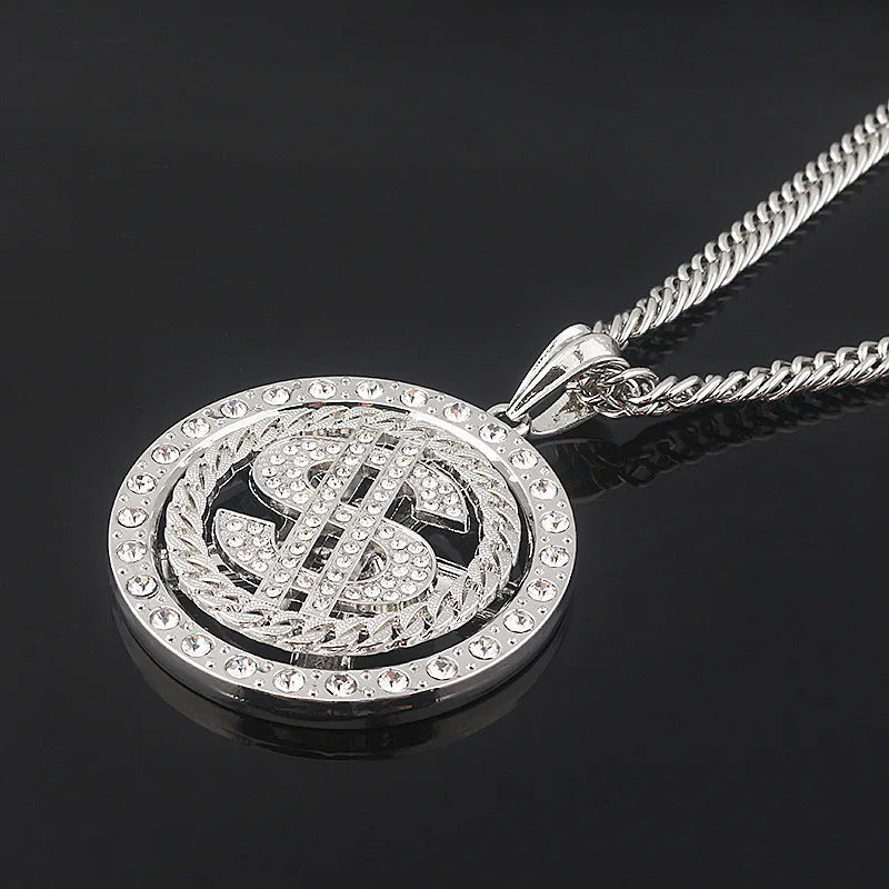 Silver hip hop rotatable dollar pendant necklace men with braided design and clear ice out crystals