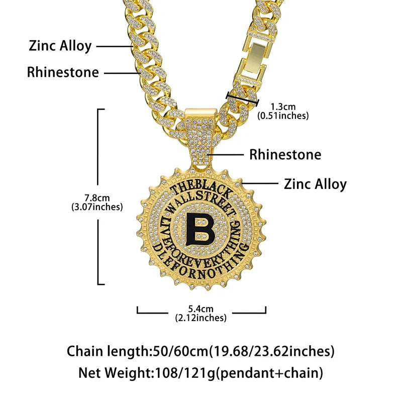 Gold-toned hip hop round pendant necklace men with b letter and ice out crystals rock pendant rapper jewelry