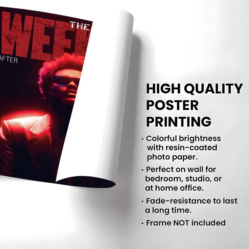 A vibrant red and black modern graphic hip hop singer the weeknd album poster on resin-coated photo paper for wall decor