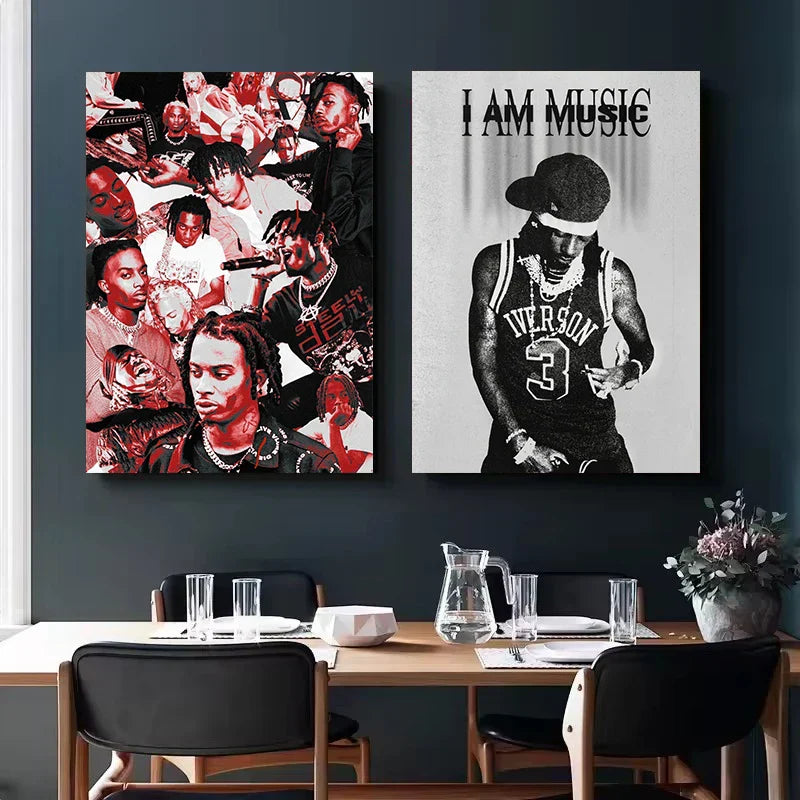Two framed hip hop star album cover posters featuring rapper playboi carti and iverson in red black and monochrome tones
