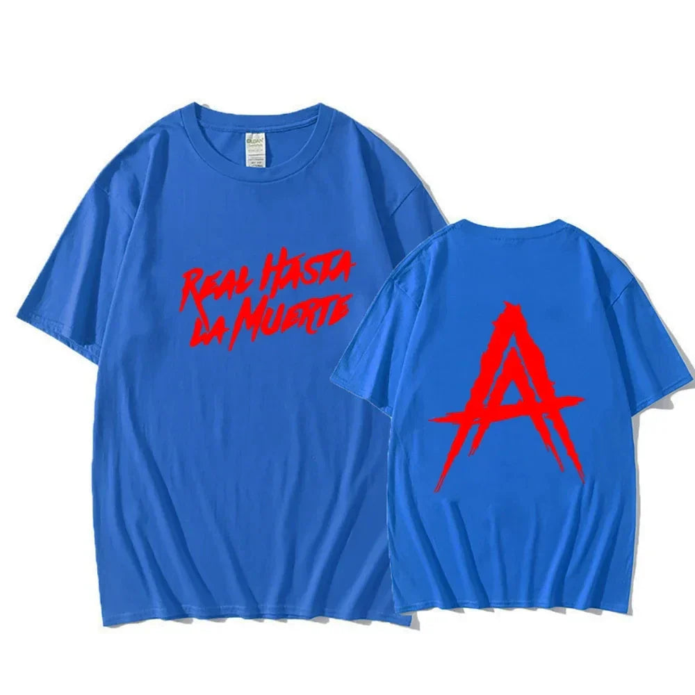 Blue cotton hip hop streetwear t shirt with bold red graffiti text front and stylized a logo on back for men fashion rapper