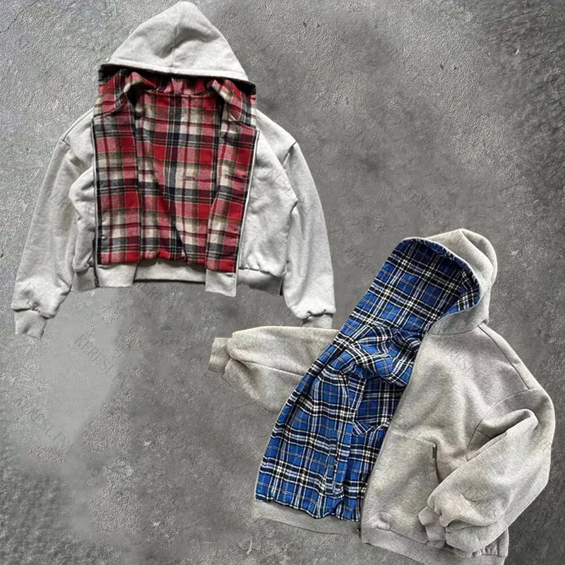 Gray hoodie sweatshirt jacket american with contrasting red and blue plaid cardigan hooded lining unisex jacket emo style