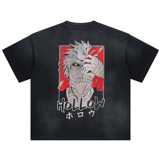 Black oversized cotton t shirt featuring hollow from bleach graphic with red and white face accents for casual wear