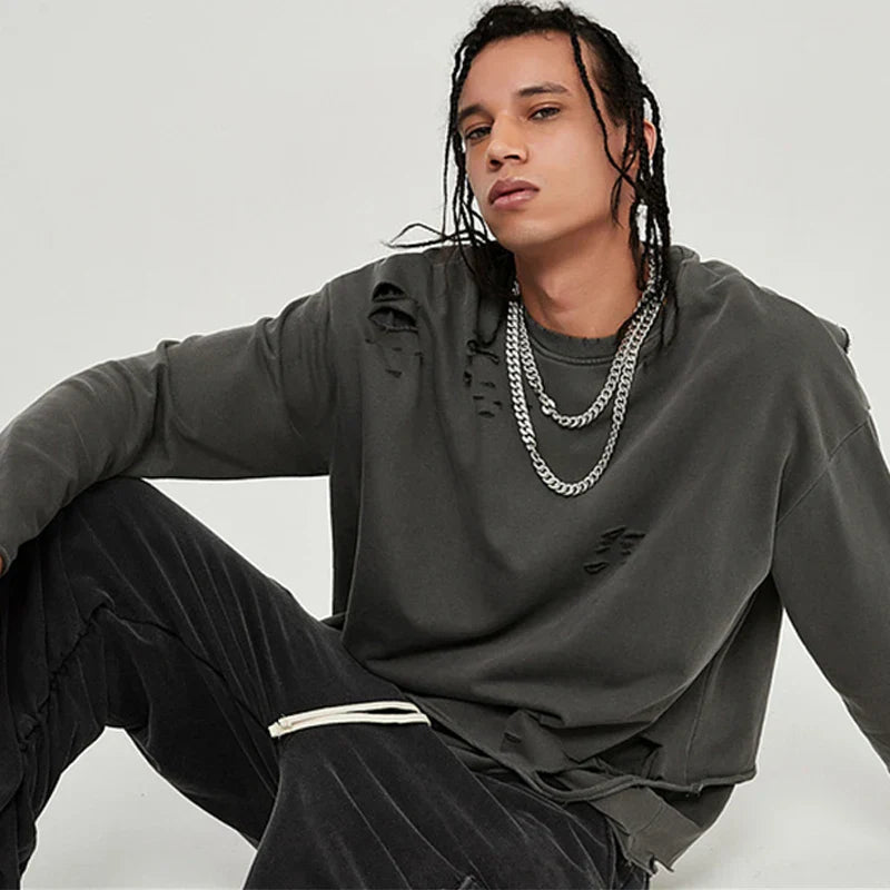Dark gray distressed long sleeve hoodie with ripped holes pullover cotton fabric for hip hop streetwear vintage style