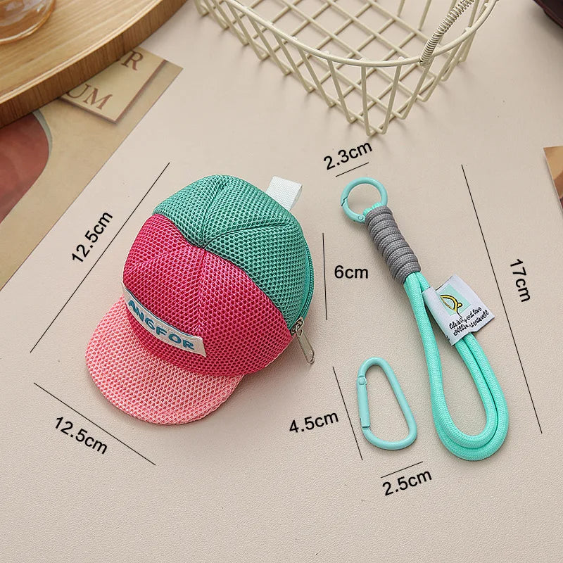 Hip hop style baseball cap mini bag coin purse in pink teal and light green mesh with silver zipper pull for keys and earphones