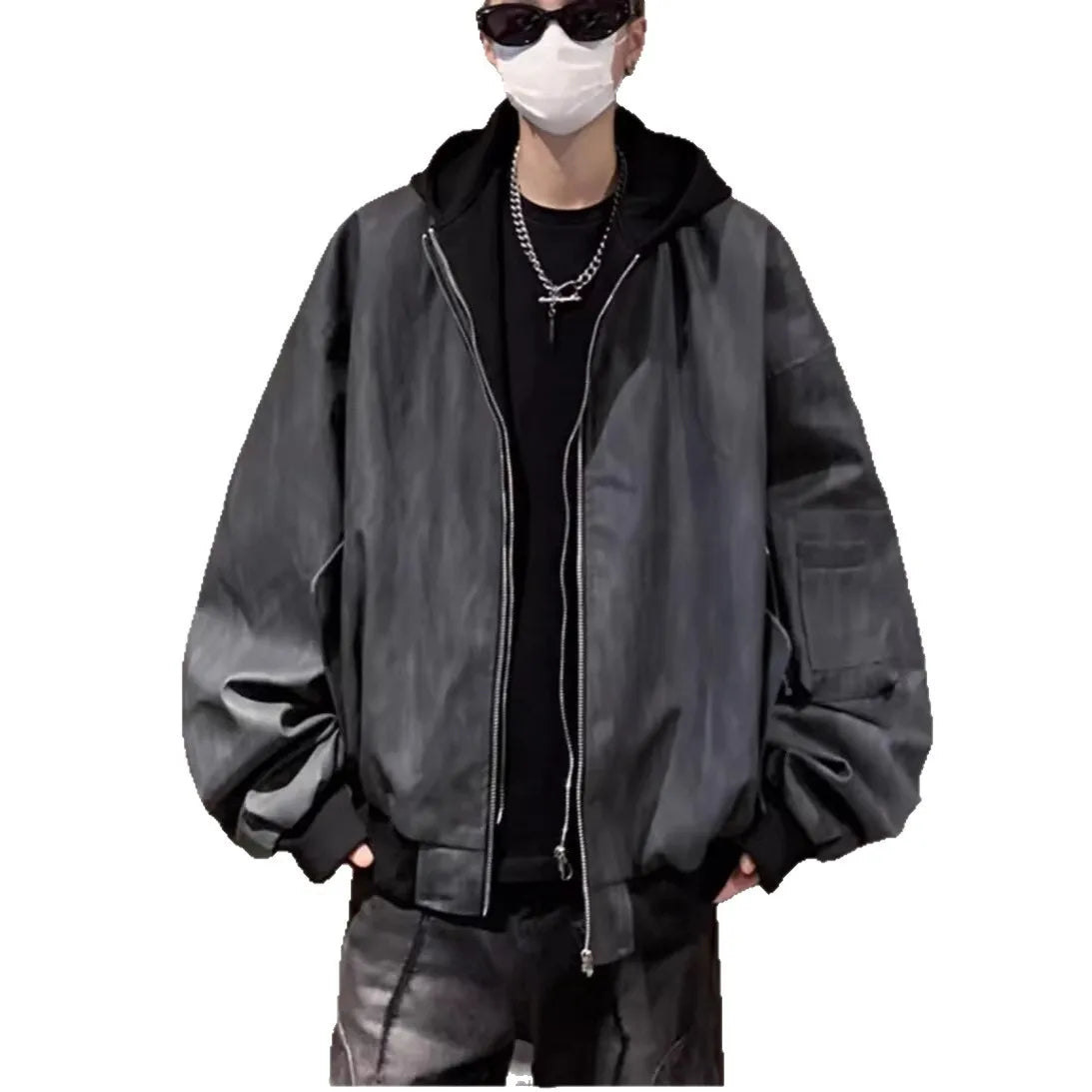 Black hooded bomber jacket with matte finish and silver zippers in spring autumn baseball jacket pilot style leather pilot coat