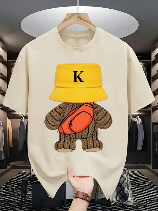 Cream-colored breathable cotton casual short-sleeve t-shirt with versatile hip-hop style sportswear bear graphic