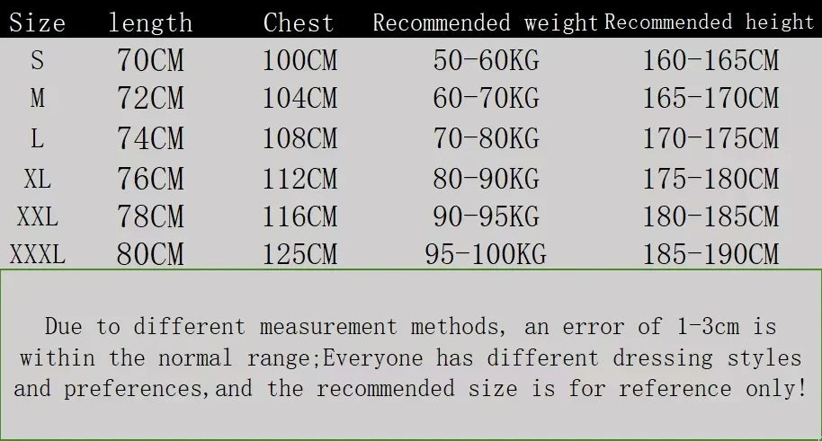 Size chart for hip-hop style versatile bear-patterned sportswear t-shirt in breathable cotton casual wear with cm measurements