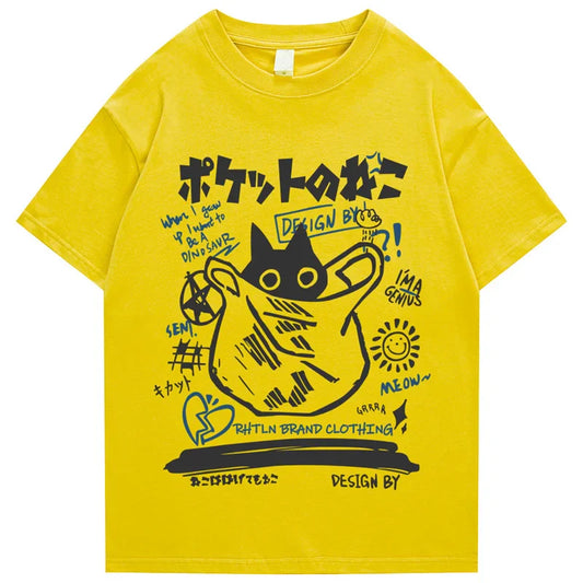 Bright yellow cotton hip hop t-shirt for men featuring a bold black cartoon cat with Japanese and English text